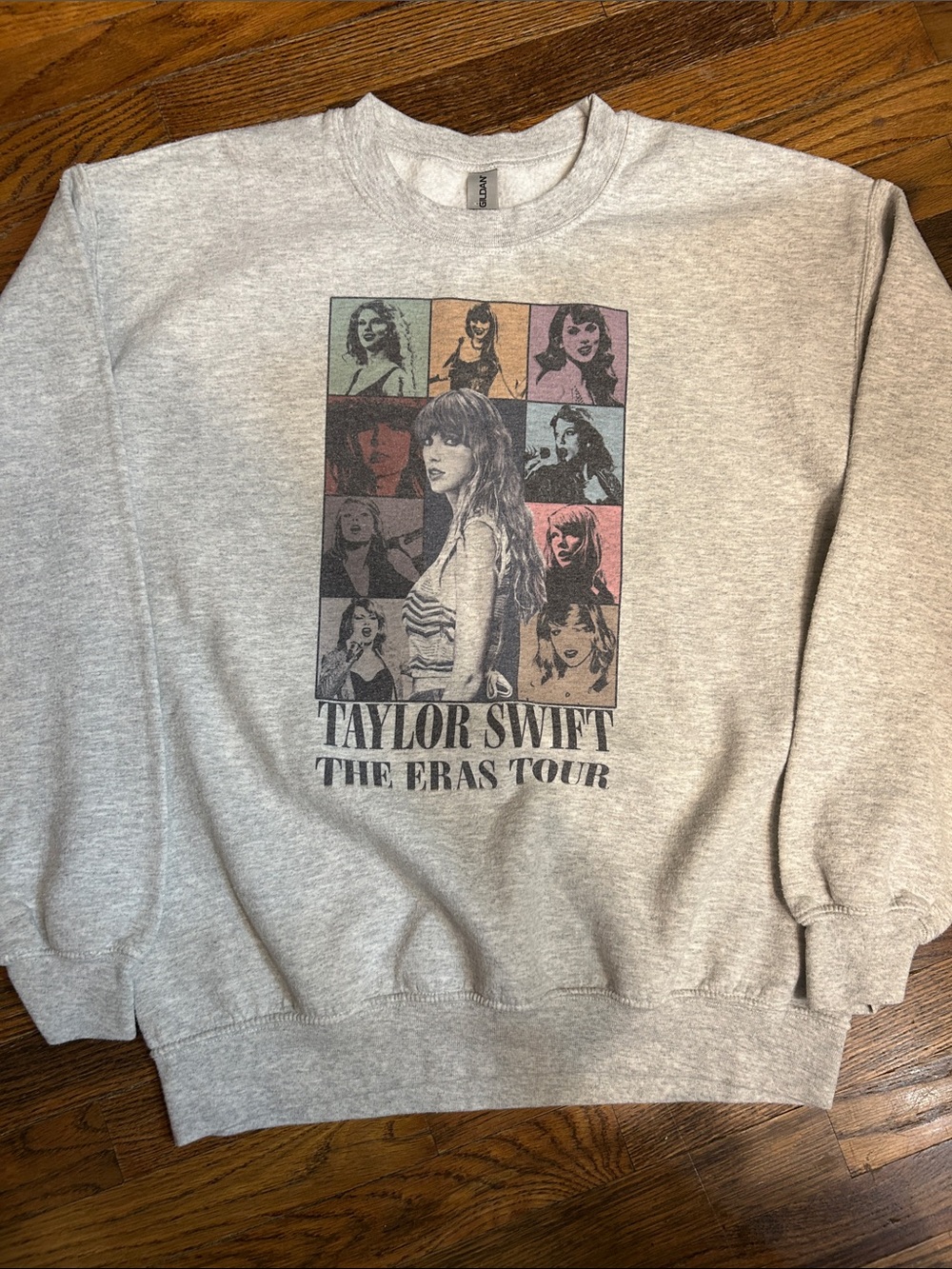 Taylor Swift Gray Crewneck Sweatshirt with Multicolor Block Portrait Graphic